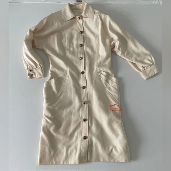 Vintage Silk Cream Button Midi Dress with Shoulder Pads Medium M - Picture 6 of 15